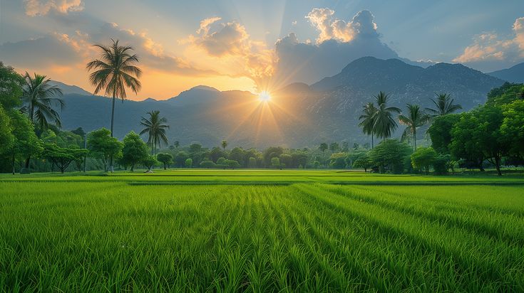 nature's masterpiece at sunrise 🌄🌾 #sunrise #naturelovers #greenmeadows #palmtrees #morningmagic #naturephotography #peacefulmorning #sunrisescenery #naturalbeauty #landscapelovers #tranquilview #serenesunrise